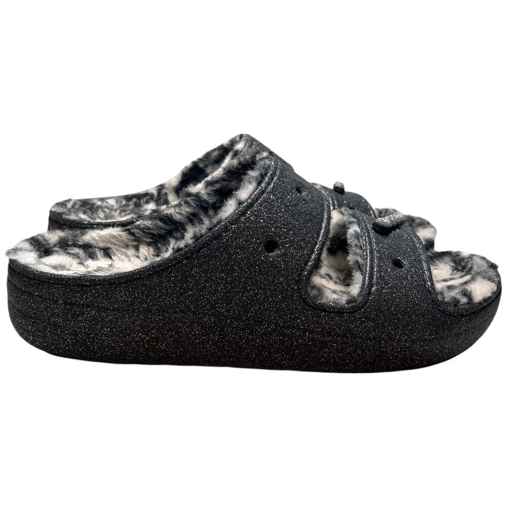CROCS Classic Cozzzy Disco Glitter Sandal Men 13 Comfort Zebra Fur Lining 208074 - Picture 6 of 15